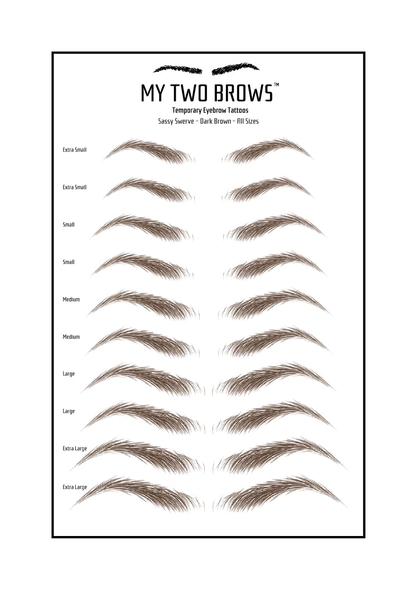 (10 pairs) Dark Brown Temporary Eyebrow Tattoo - Large Size - Waterproof & Smudgeproof - Sassy Swerve Style Eyebrow Stickers - Sheet Lasts up to 30 Days - Won't Work on Existing Brows