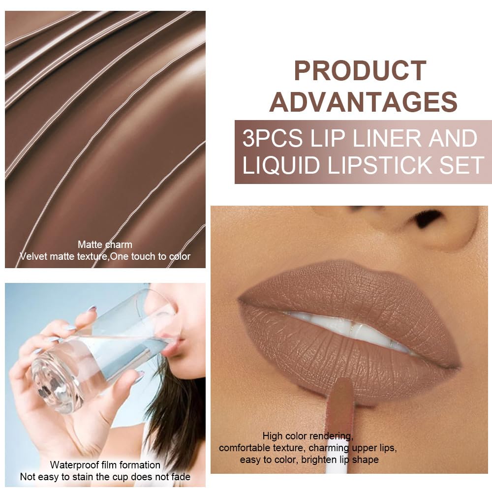 evpct 3Pcs Pale Neutral True Nude Matte Lip Liner & Liquid Lipstick Stain Makeup Set for Women, Lip Liner Stain Long Lasting Waterproof Smudge Proof, Cruelty Free Lip Makeup 24 hours originales labios