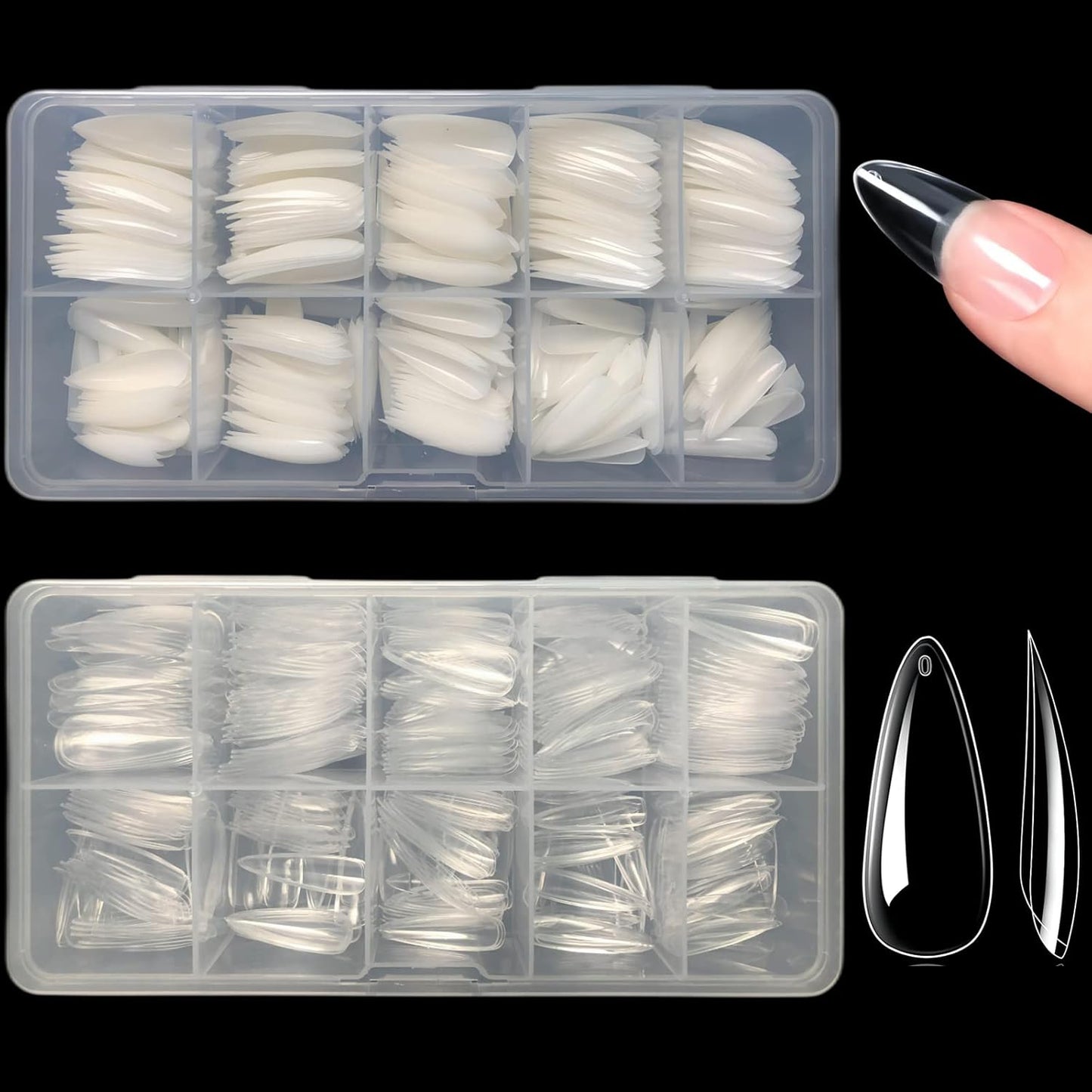 Stiletto Nail Tips,1000 PCS Artificial Full Cover Fake Nails Soft Gel Tips 10 Sizes with Box for Home DIY Nail Salon (Clear and Natural 5)