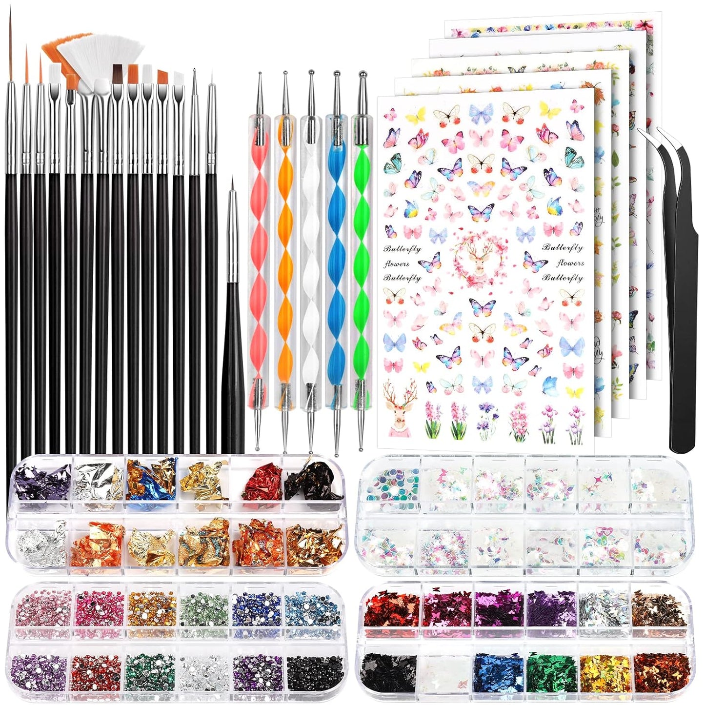 FANDAMEI Nail Art Kit, Nail Art Brushes Set, Nail Art Dotting Tools, Nail Stickers, Butterfly Nail Art Sequins, Nail Foils, Nail Art Flakes Iridescent, Rhinestones For Nails Design